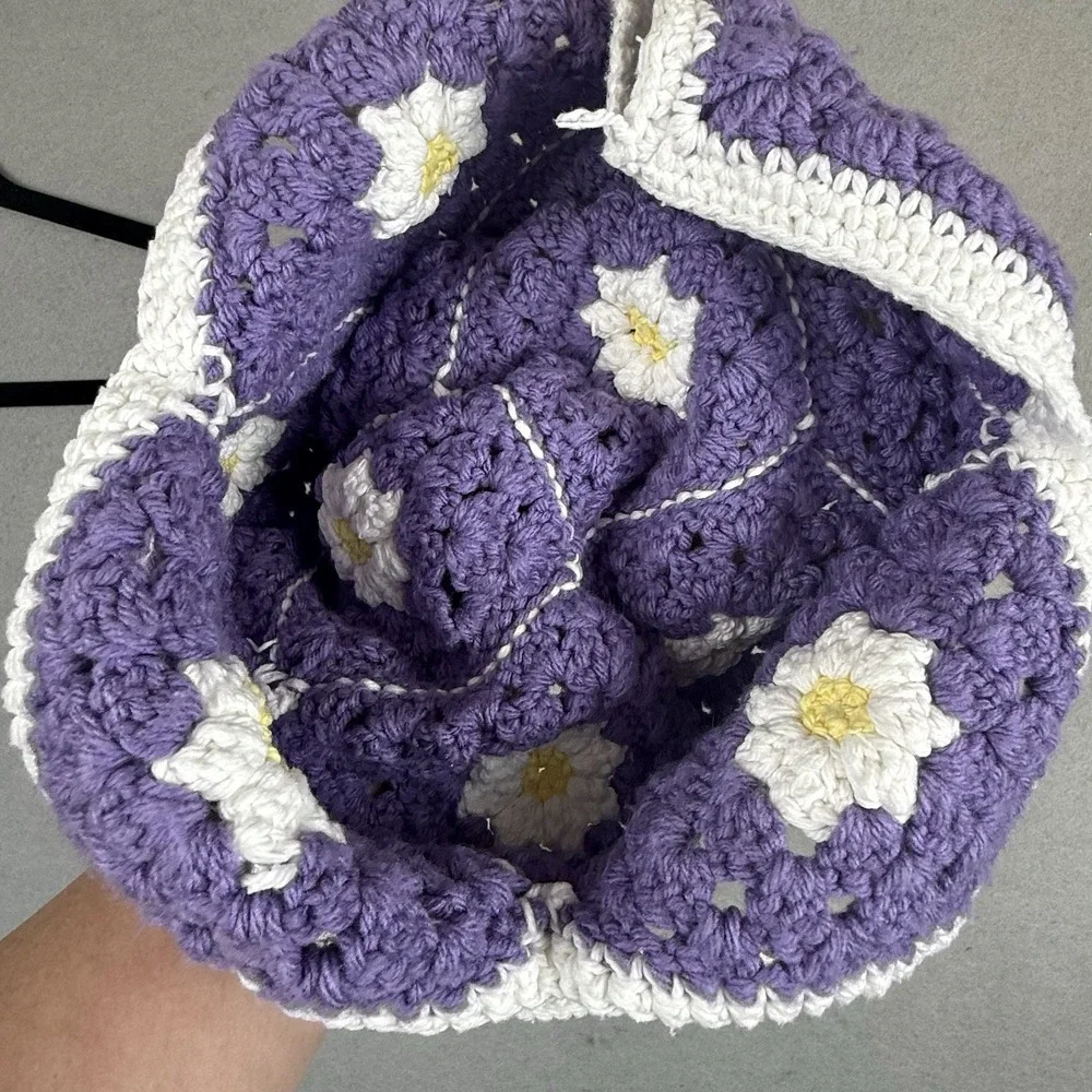 Crochet Top Handle Bag Handmade Granny Square Medium Tote Purse Purple Flower